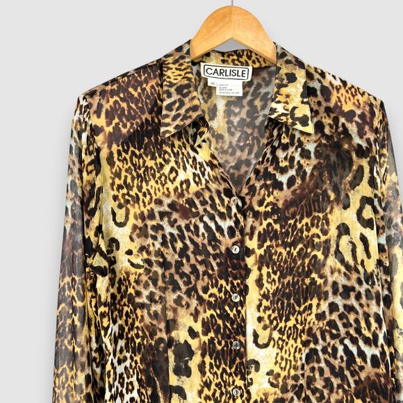 90s Vintage Carlisle 100% Silk Leopard Print Semi-Sheer Button-Up Blouse Size 10 - Picture 5 of 5